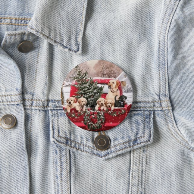 Cute Christmas Retro Red Truck With Puppies Dogs 3 Inch Round Button (In Situ)