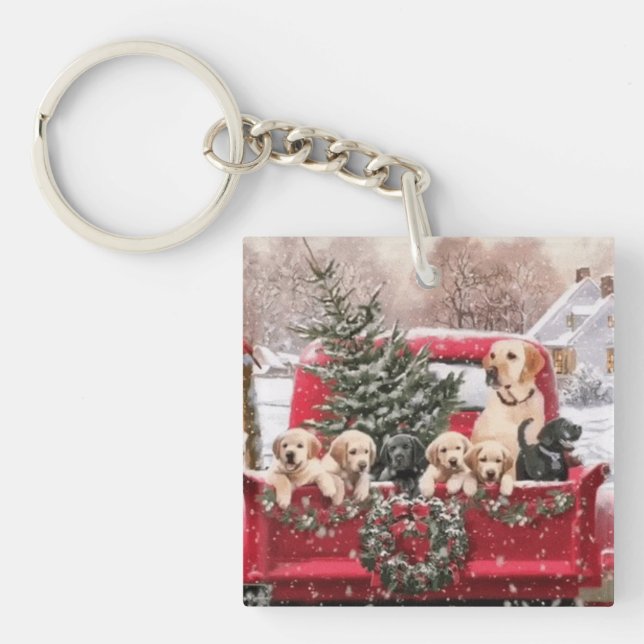Cute Christmas Retro Red Truck With Puppies Dogs Keychain (Front)
