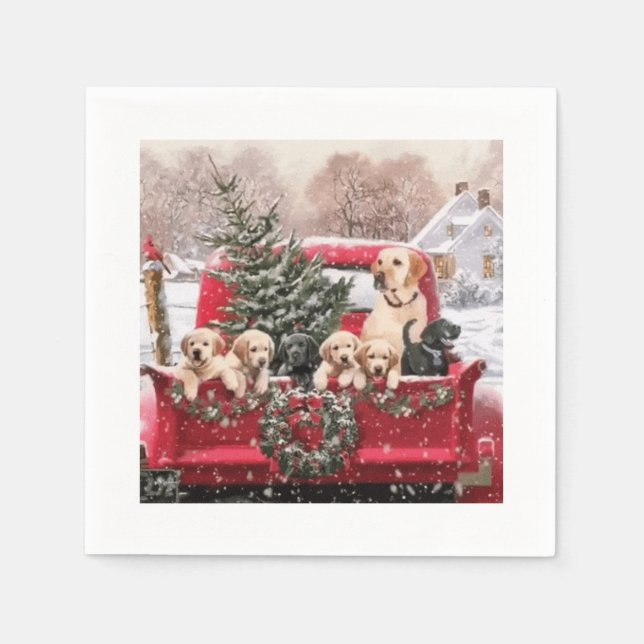 Cute Christmas Retro Red Truck With Puppies Dogs Napkin (Front)