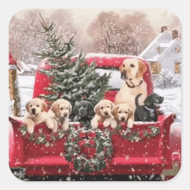 Cute Christmas Retro Red Truck With Puppies Dogs Square Sticker (Front)