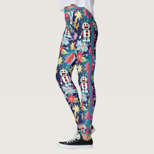 Cute Christmas Retro Robots Floral Leggings