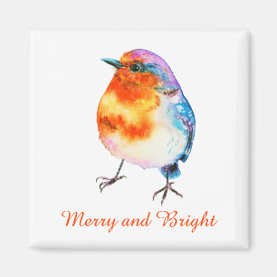Cute Christmas Robin Watercolor Merry and Bright Magnet