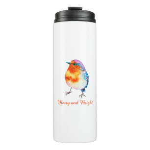 Cute Christmas Robin Watercolor Merry and Bright Thermal Tumbler