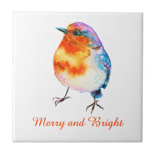 Cute Christmas Robin Watercolor Merry and Bright Tile