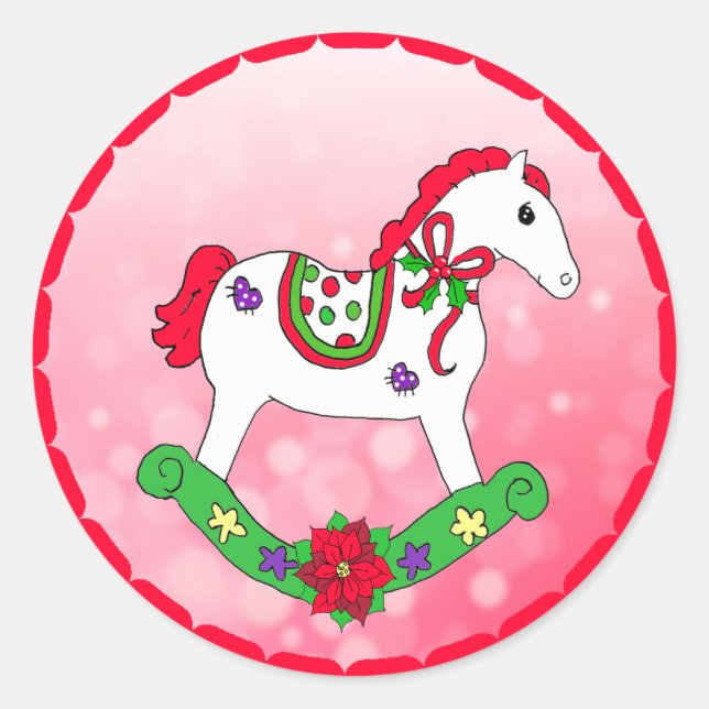 Cute Christmas Rocking Horse Holiday Classic Round Sticker (Front)