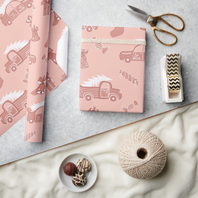 Cute Christmas Rose Pink Trucks Pattern Wrapping Paper (Crafts)