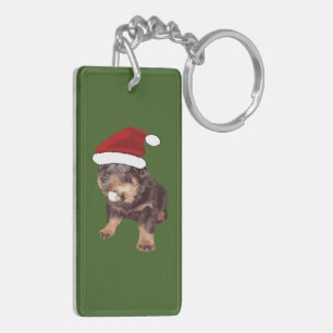 Cute Christmas Rottweiler With Red Santa Hat Keychain
