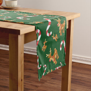 Cute Christmas Rudolph Candy Cane Pattern Green Short Table Runner