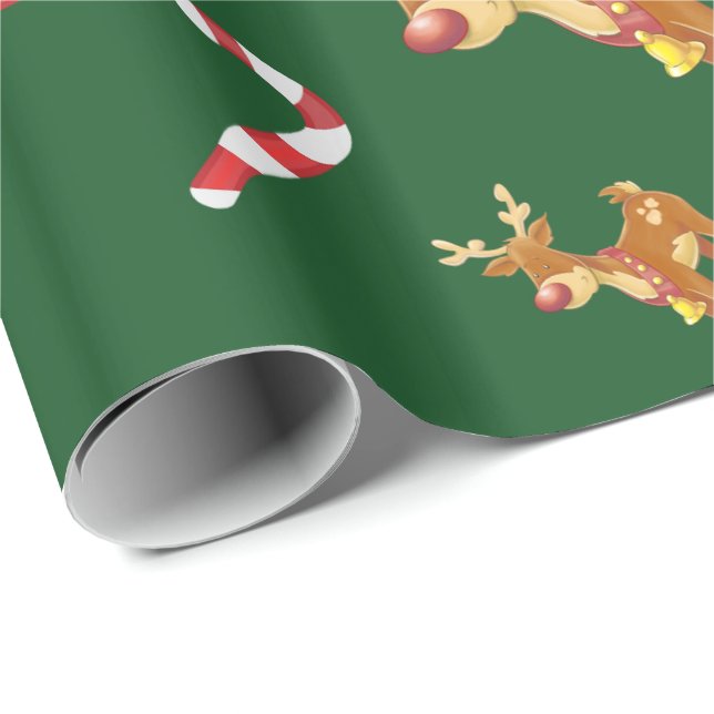 Cute Christmas Rudolph Candy Cane Pattern Green Wrapping Paper (Roll Corner)