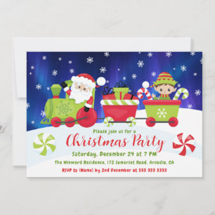 Cute Christmas Santa and Elf Train Invitation