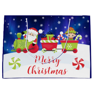Cute Christmas Santa and Elf Train Large Gift Bag