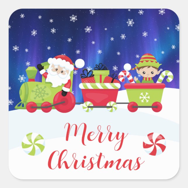 Cute Christmas Santa and Elf Train Square Sticker (Front)