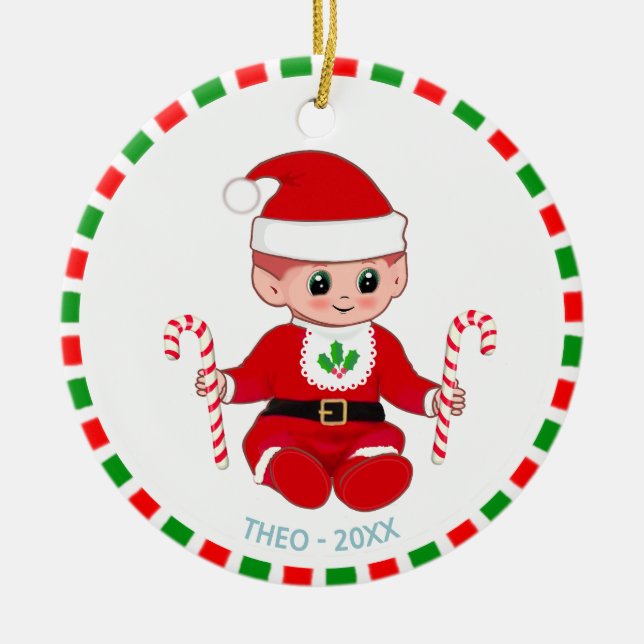Cute Christmas Santa Baby Elf and Candy Canes Ceramic Ornament (Front)