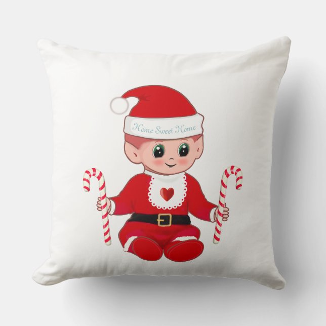 Cute Christmas Santa Baby Elf  & Candy Canes Throw Pillow (Front)