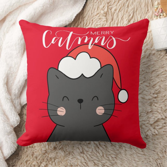 Cute Christmas Santa Cat Merry Catmas Throw Pillow (Blanket)