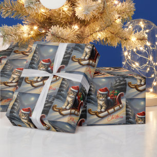 Cute Christmas Santa Cat on the Sleigh Wrapping Paper