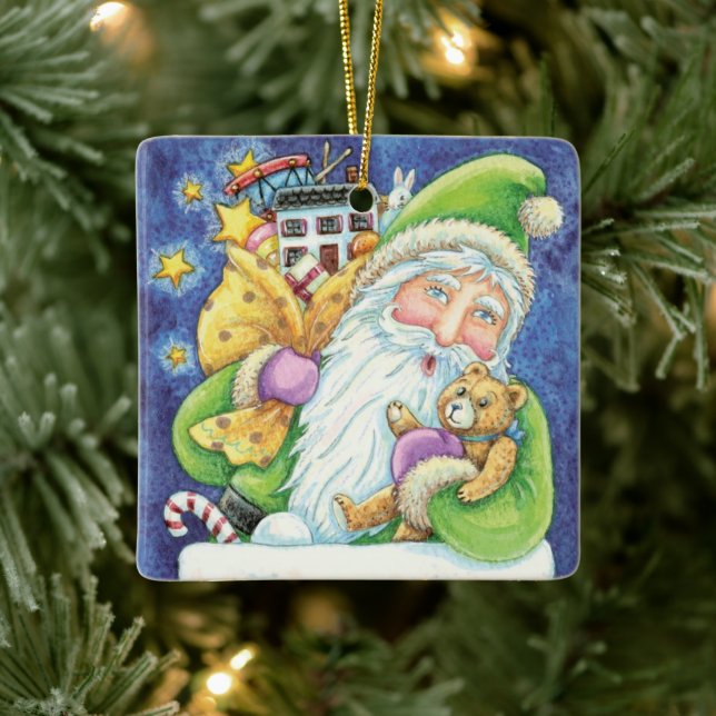 Cute Christmas, Santa Claus in Chimney with Toys Ceramic Ornament (Tree)