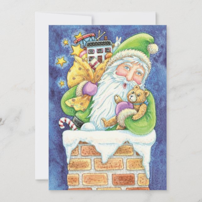 Cute Christmas, Santa Claus in Chimney with Toys Holiday Card (Front)