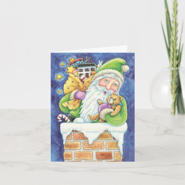 Cute Christmas, Santa Claus in Chimney with Toys Holiday Card (Front)