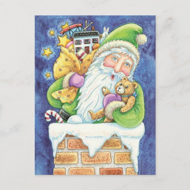 Cute Christmas, Santa Claus in Chimney with Toys Holiday Postcard (Front)