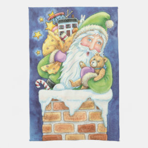 Cute Christmas, Santa Claus in Chimney with Toys Kitchen Towel