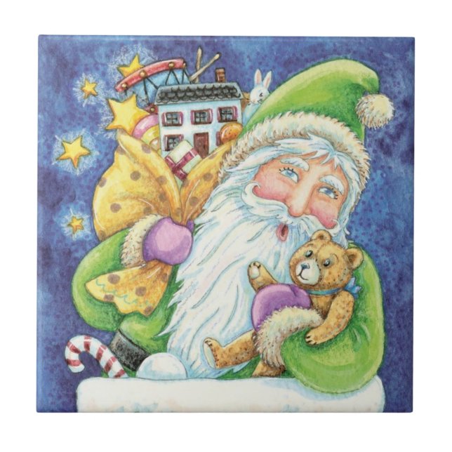 Cute Christmas, Santa Claus in Chimney with Toys Tile (Front)