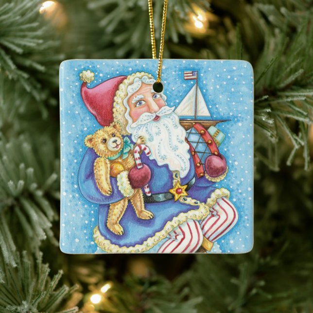 Cute Christmas, Santa Claus on Snowball with Toys Ceramic Ornament (Tree)