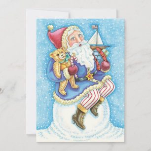 Cute Christmas, Santa Claus on Snowball with Toys Holiday Card