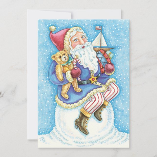 Cute Christmas, Santa Claus on Snowball with Toys Holiday Card (Front)