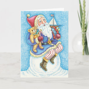 Cute Christmas, Santa Claus on Snowball with Toys Holiday Card