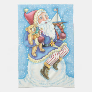 Cute Christmas, Santa Claus on Snowball with Toys Kitchen Towel
