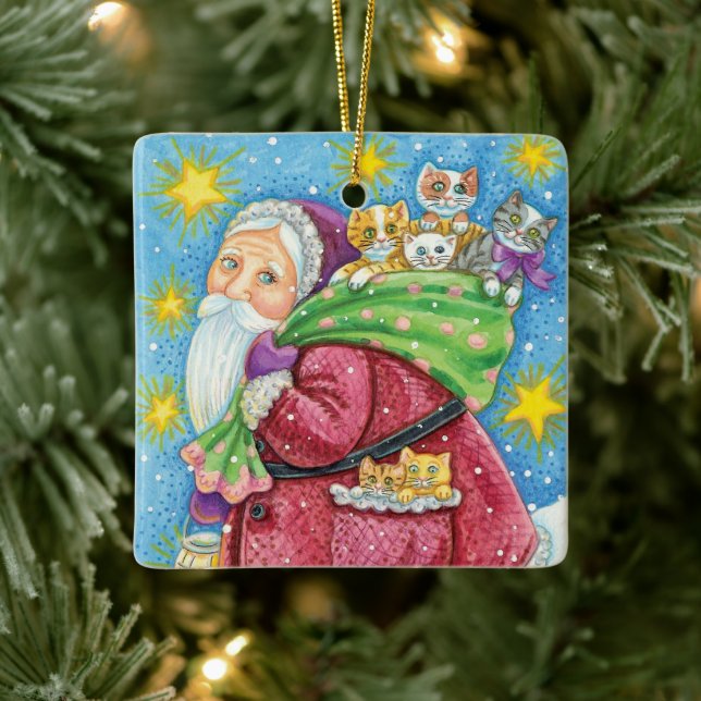 Cute Christmas, Santa Claus with Kittens and Cats! Ceramic Ornament (Tree)