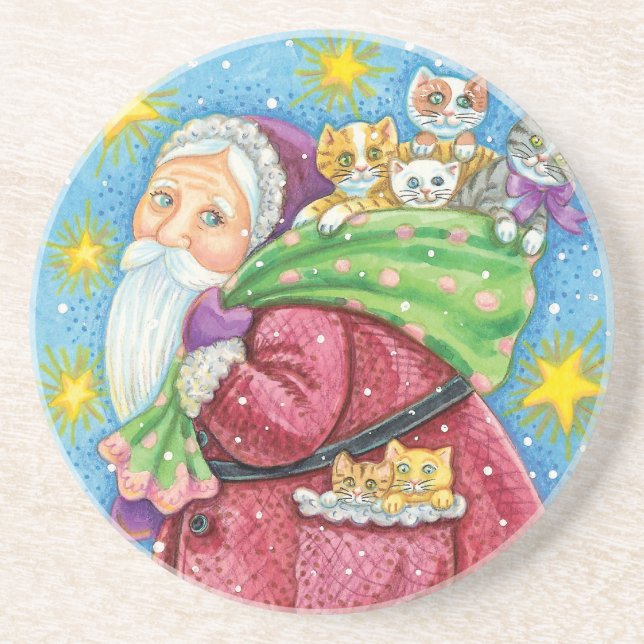 Cute Christmas, Santa Claus with Kittens and Cats! Coaster (Front)