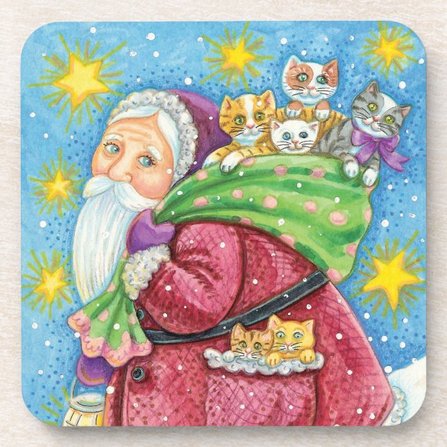 Cute Christmas, Santa Claus with Kittens and Cats! Coaster (Front)