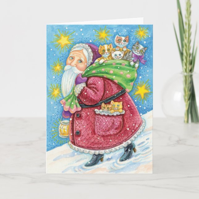 Cute Christmas, Santa Claus with Kittens and Cats! Holiday Card (Front)