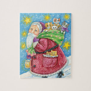 Cute Christmas, Santa Claus with Kittens and Cats! Jigsaw Puzzle