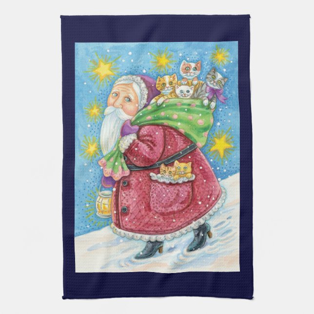 Cute Christmas, Santa Claus with Kittens and Cats! Kitchen Towel (Vertical)