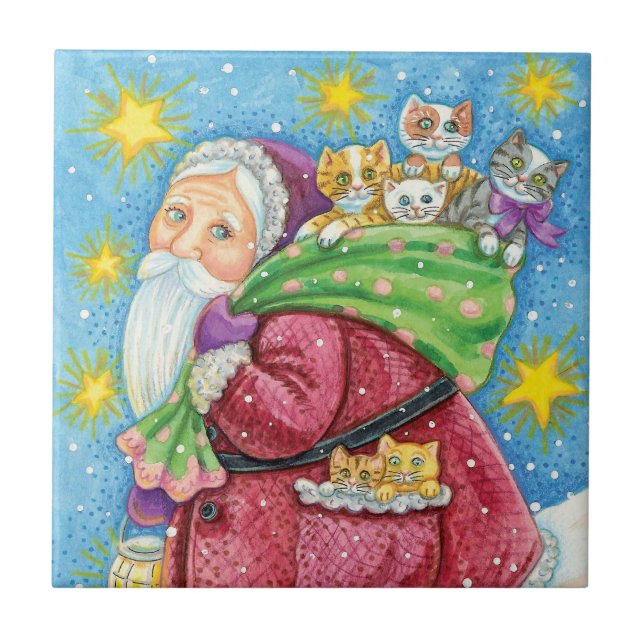 Cute Christmas, Santa Claus with Kittens and Cats! Tile (Front)
