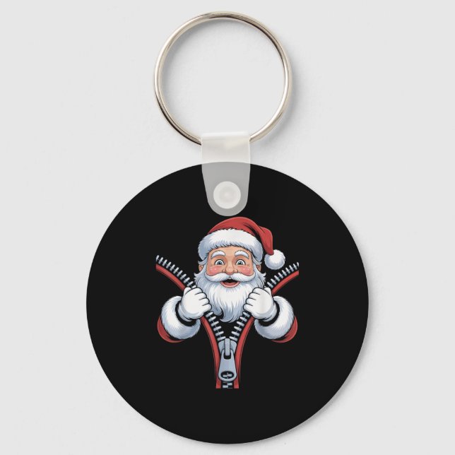 Cute Christmas Santa Emerging From Zipper Lover Xm Keychain (Front)