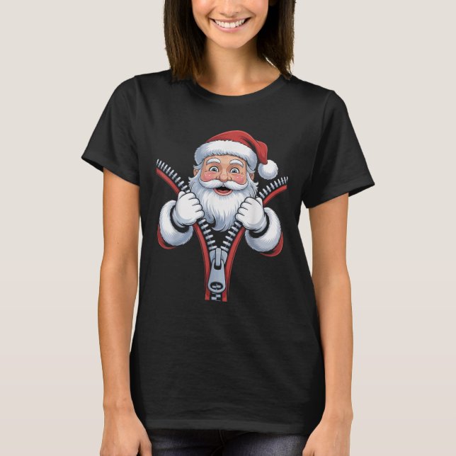 Cute Christmas Santa Emerging From Zipper Lover Xm T-Shirt (Front)