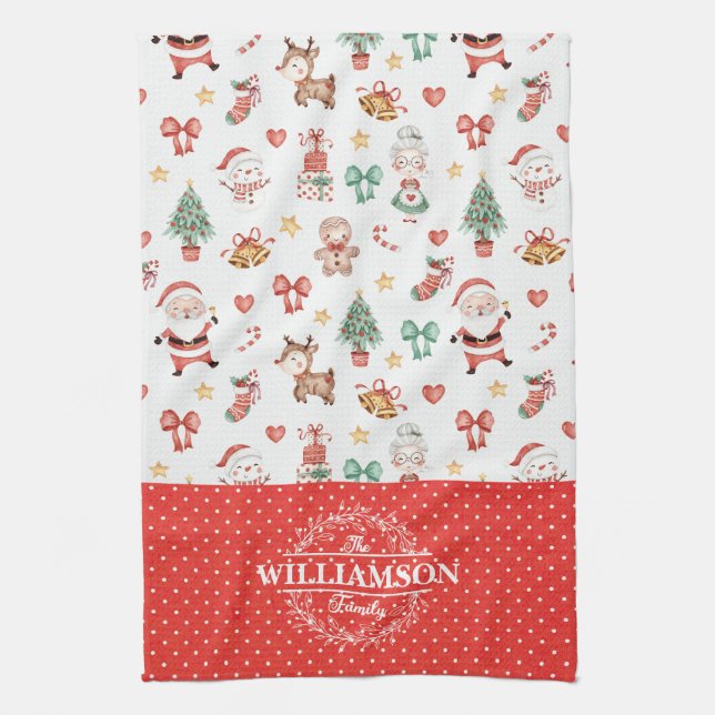 Cute Christmas Santa Gingerbread Man Monogram Kitchen Towel (Vertical)