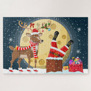Cute Christmas Santa in Chimney with Rudolph Jigsaw Puzzle