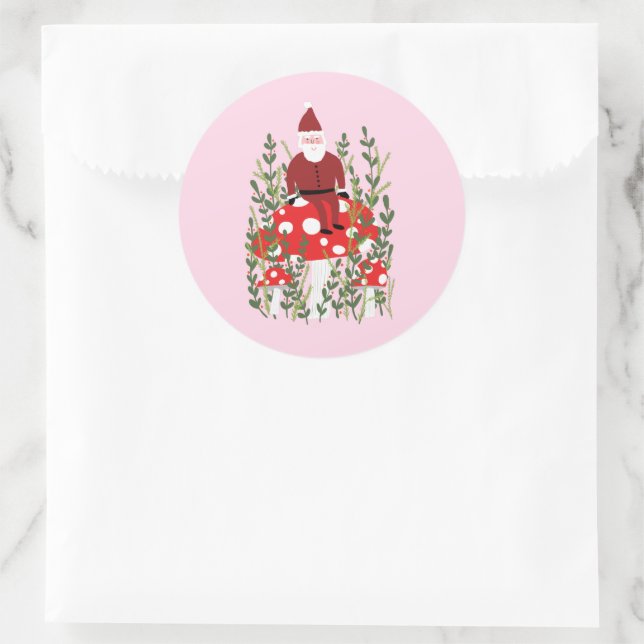 Cute Christmas Santa on Magic Mushroom Whimsical  Classic Round Sticker (Bag)