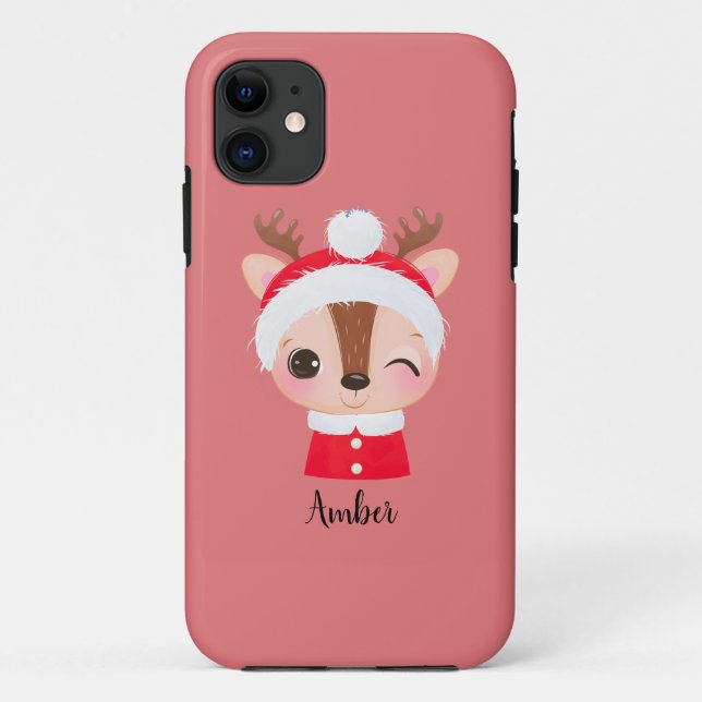 Cute Christmas Santa Reindeer Head Case-Mate iPhone Case (Back)