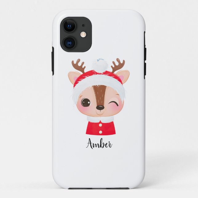 Cute Christmas Santa Reindeer Head Case-Mate iPhone Case (Back)