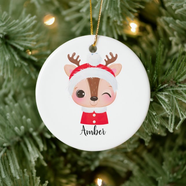 Cute Christmas Santa Reindeer Head Ceramic Ornament (Tree)