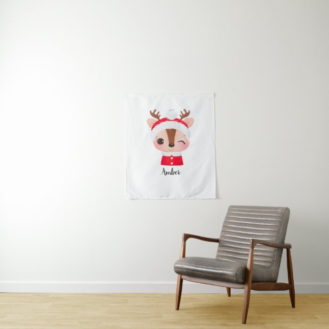 Cute Christmas Santa Reindeer Head Tapestry (In Situ)