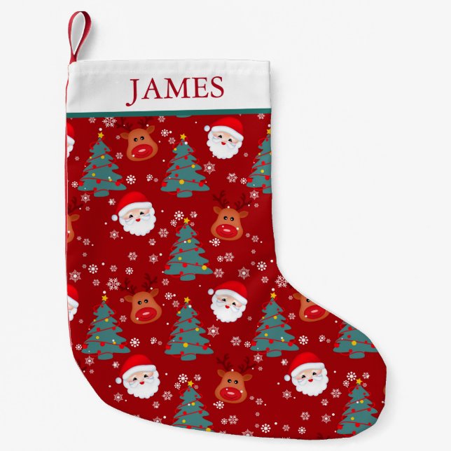 Cute Christmas Santa Reindeer Personalized Name Small Christmas Stocking (Front)