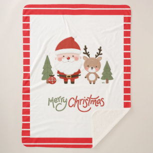 Cute Christmas Santa & Reindeer  Sherpa Blanket