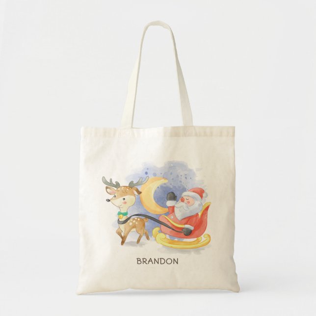 Cute Christmas Santa Reindeer Sleigh Personalized Tote Bag (Front)